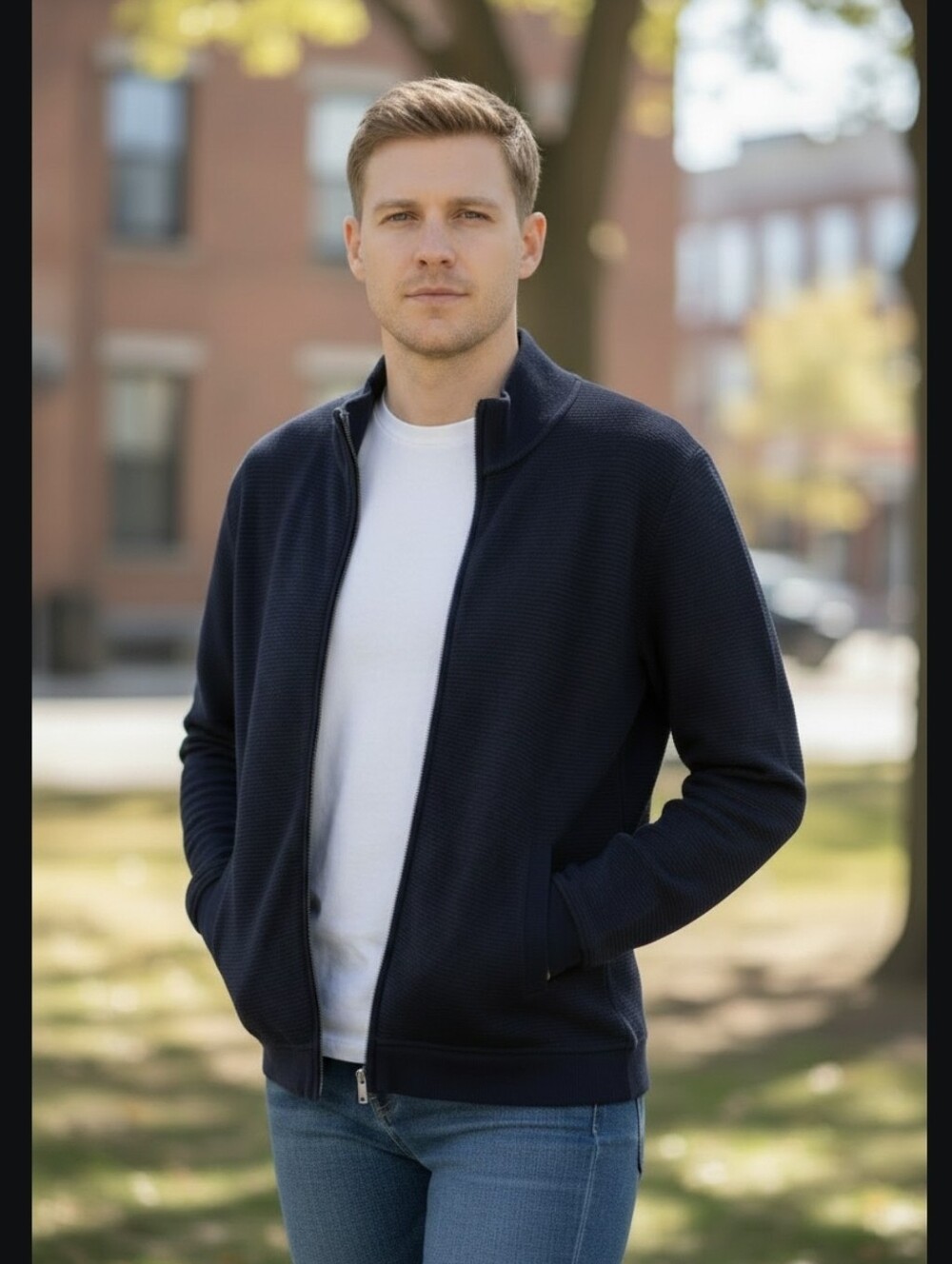 Mens Alfani Navy Zip-Front Knit Sweatshirt Jacket. Size Large.